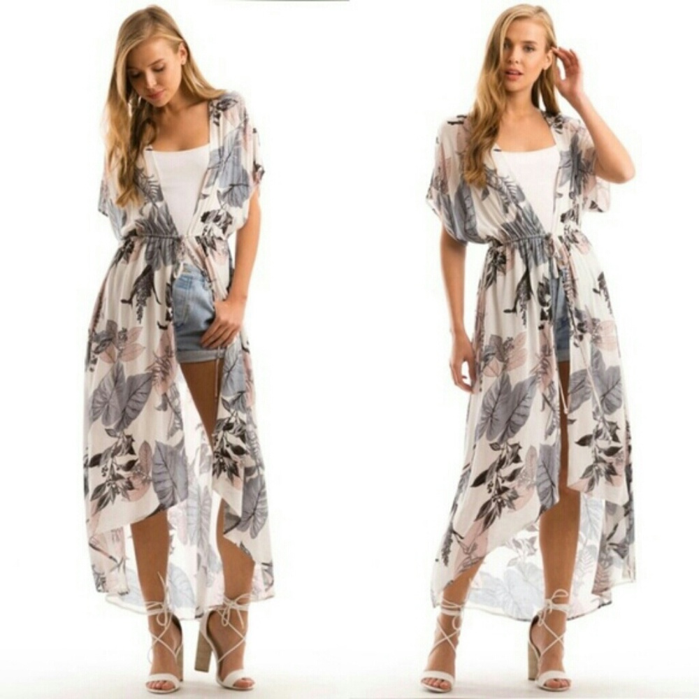 LAST 1! Leaf print maxi kimono cover-up - Picture 1 of 2